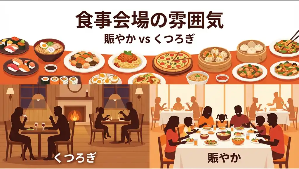 食事会場の雰囲気: 賑やか vs くつろぎ