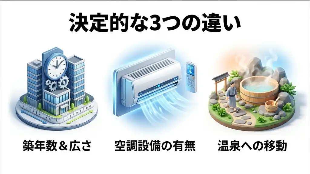 ニュー阿寒ホテルの決定的な3つの違い（築年数・空調設備・温泉への移動）を示すアイコン