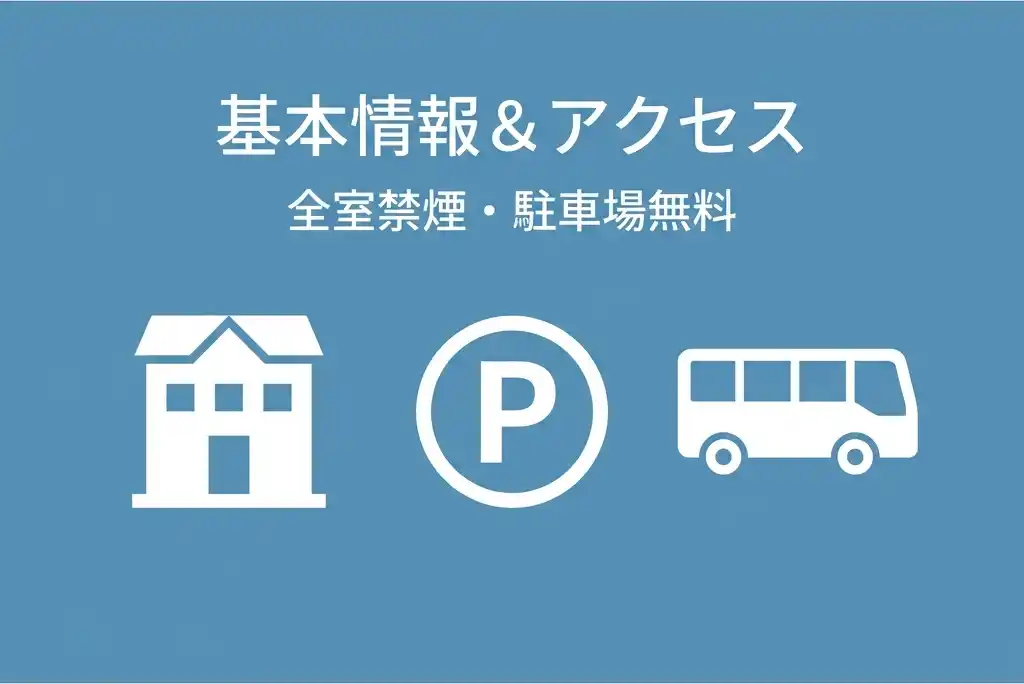 ニュー阿寒ホテルの基本情報アイコン、全室禁煙・駐車場無料・アクセスバスのイラスト