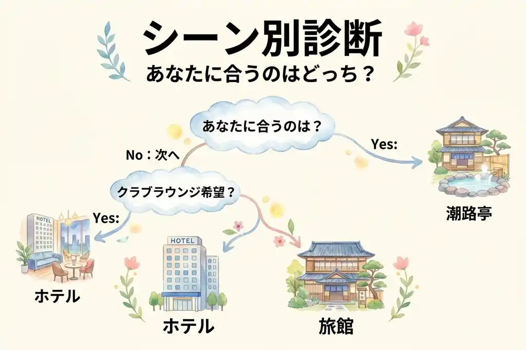 あなたに合うのはどっち？を診断するフローチャート形式の水彩画風イラスト。温泉重視やクラブラウンジ希望などの質問から、最適な宿泊先（ホテルまたは旅館）へ導く分岐図