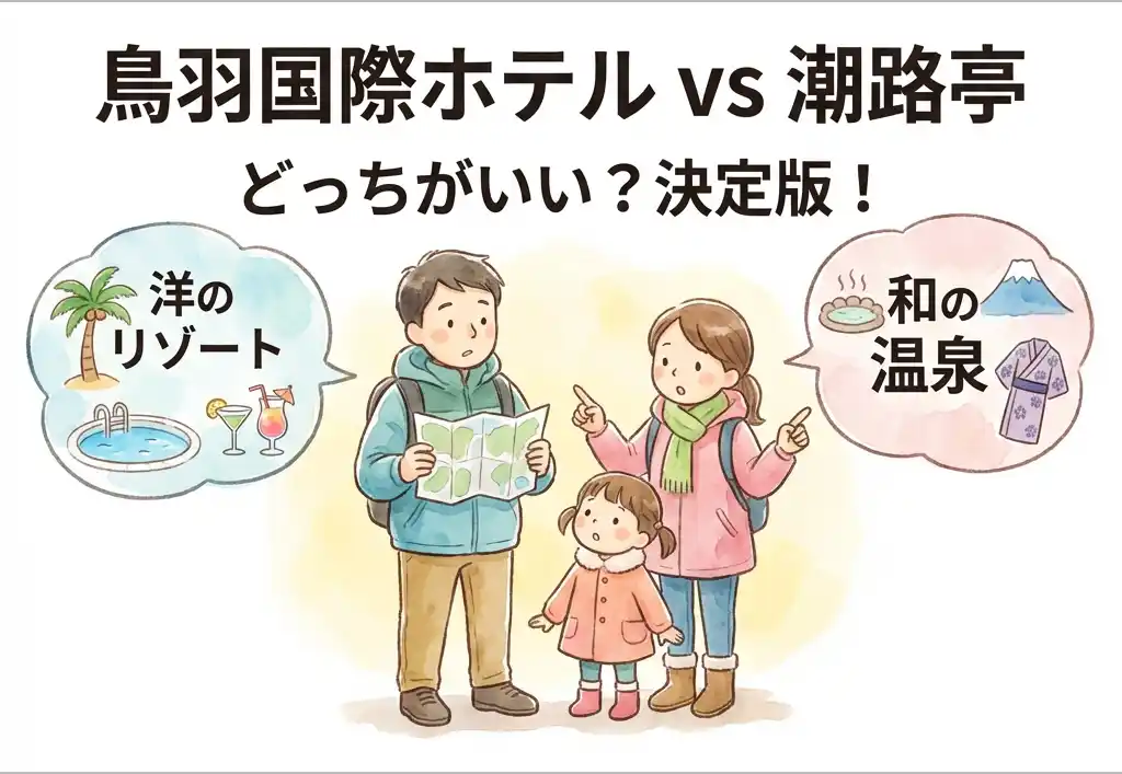 地図を見ながら旅行先を迷う家族のイラスト。左右に洋のリゾートと和の温泉を示す吹き出しがあり、どっちがいいか悩む様子を親しみやすく描写