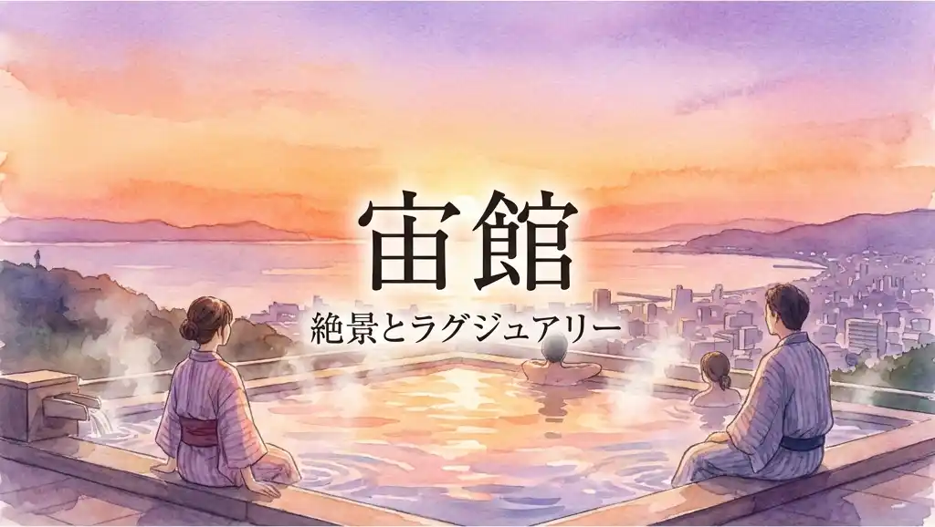 杉乃井ホテル宙館の最上階露天風呂「宙湯」から別府湾を見下ろすサンセット風景の水彩画イラスト