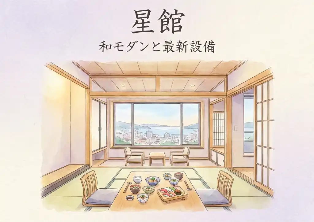 杉乃井ホテル星館の和洋室と和食小鉢料理のイメージ、木の温もりを感じる和モダン空間の水彩画イラスト