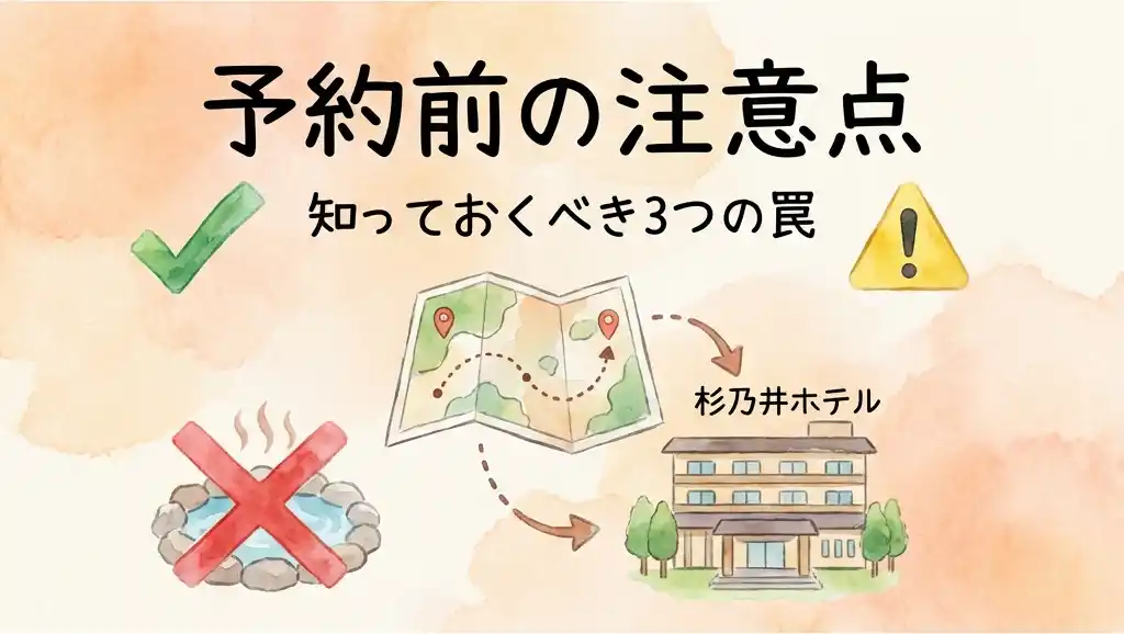 杉乃井ホテル予約前の注意点、宙湯利用条件・移動距離・食事会場の3つの罠を示す水彩画イラスト