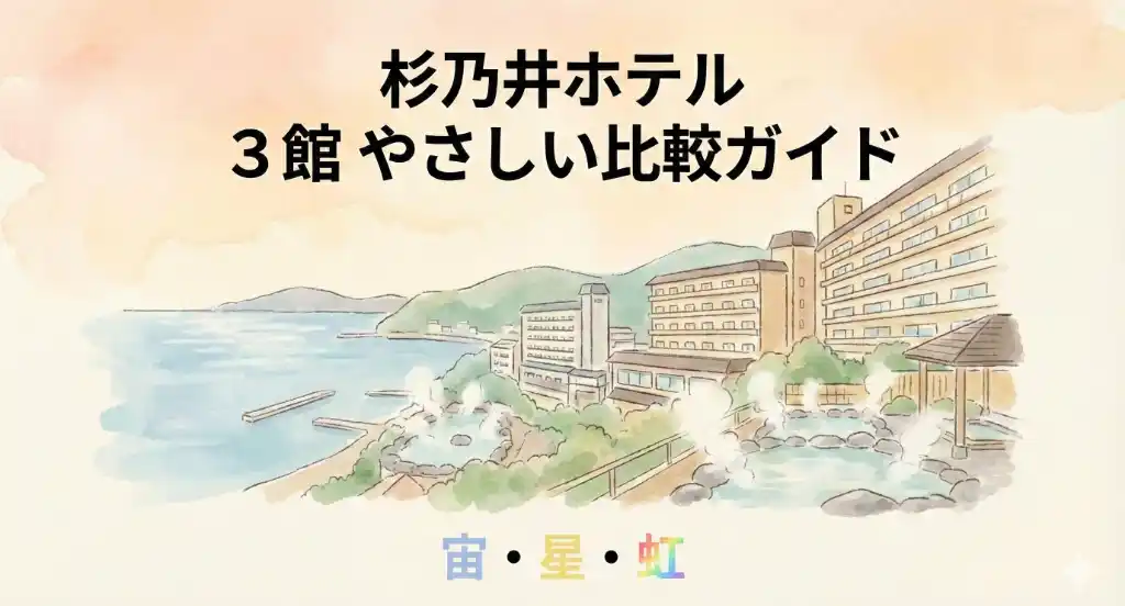 杉乃井ホテル3館やさしい比較ガイド、別府湾を望む温泉リゾートの水彩画風イラスト
