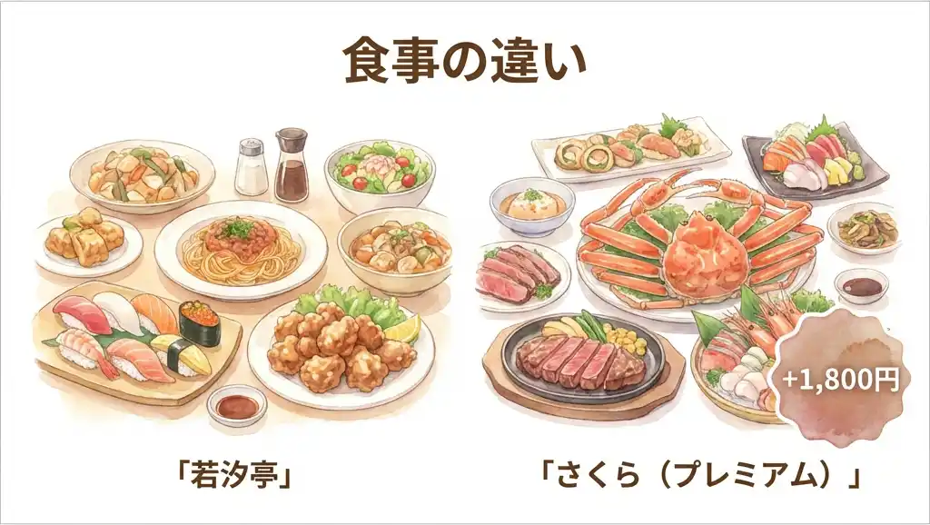 ホテル三日月のバイキング比較、若汐亭の和洋中料理とさくらのズワイガニ・ステーキなどプレミアム食材を並べた水彩画イラスト