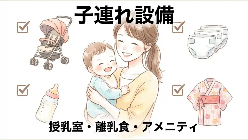 ホテル三日月の子連れ向け設備、笑顔で赤ちゃんを抱く母親の周りにベビーカー・哺乳瓶・おむつ・子ども用浴衣のアイコンを配置した水彩画イラスト