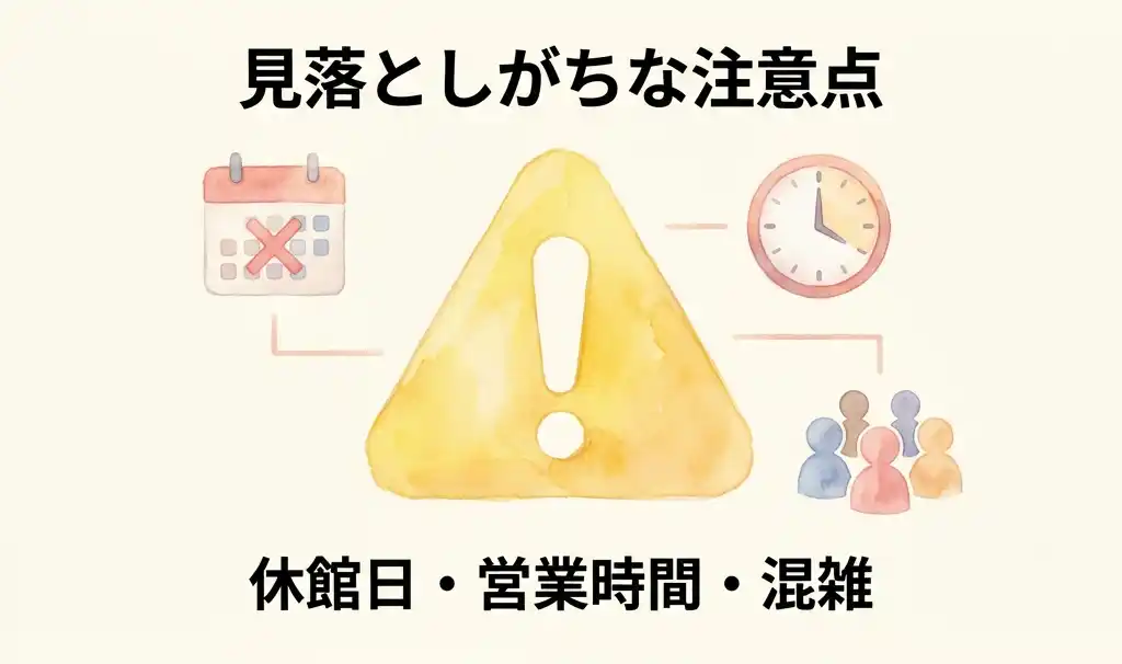 ホテル三日月の予約前注意点を示す黄色い警告マークと休館日カレンダー・営業時間の時計・混雑アイコンを配置した水彩画風インフォグラフィック