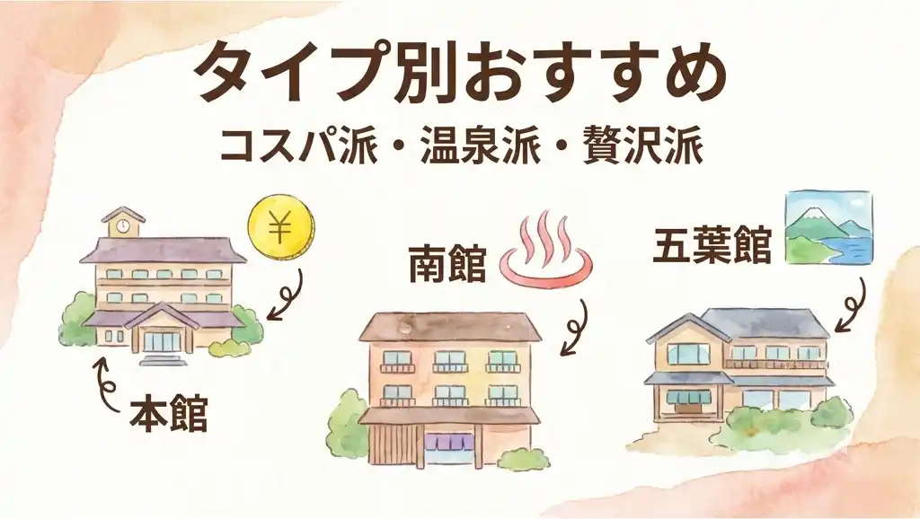 熱海金城館の本館・南館・五葉館をコスパ派・温泉派・贅沢派のタイプ別に分類した水彩画風の診断チャート