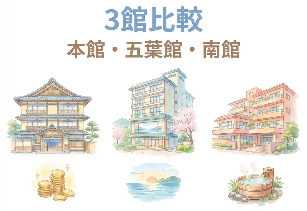 熱海金城館の本館・五葉館・南館を横並びで比較し、各館の特徴アイコン（コイン・海景色・つぼ風呂）を添えた水彩画風イラスト