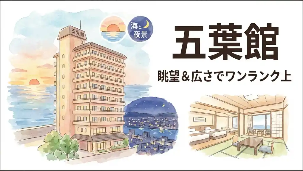 熱海金城館五葉館の高層建物と、海と夕日の眺望、二間続きの広い和室を描いた水彩画風イラスト