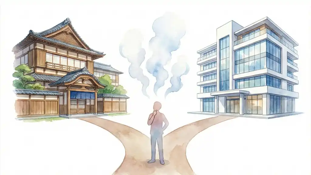 舞浜ユーラシアの本館と新館、どちらを選ぶか迷う旅行者のイメージ。左にクラシカルな本館、右にモダンな新館が並ぶ分岐点を水彩画タッチで描写