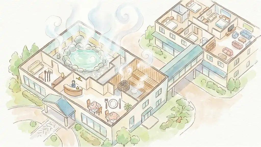 舞浜ユーラシアの本館と新館の施設配置図。本館にスパ・フロント・レストランがあり、新館と連絡通路で接続されている俯瞰イメージ