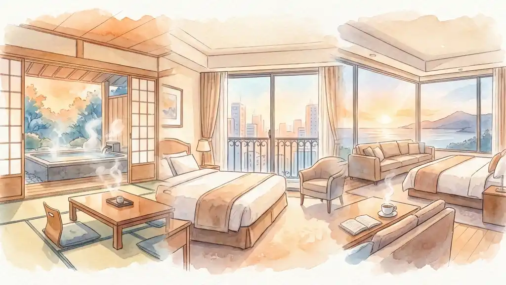 舞浜ユーラシアの多彩な客室タイプを水彩画で表現。畳の和室、バルコニー付き洋室、広々としたスイートルームが並ぶイメージ