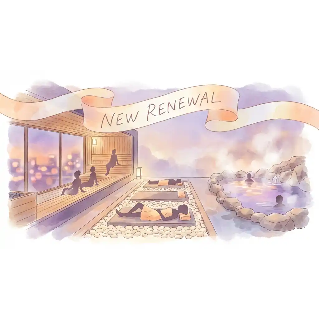 2026年1月にリニューアルオープンした舞浜ユーラシアのスパ施設。展望サウナから夜景を眺め、岩盤浴でくつろぐ様子を水彩画で表現