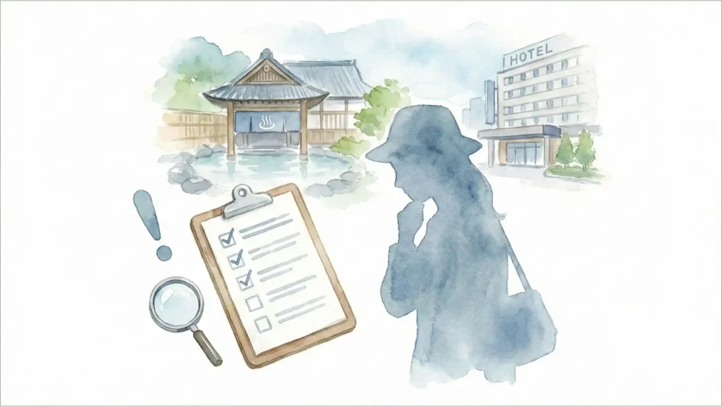 舞浜ユーラシア予約前の注意点チェックリスト。露天風呂の温泉注意やスパへのアクセス、料金変動について確認するイメージ