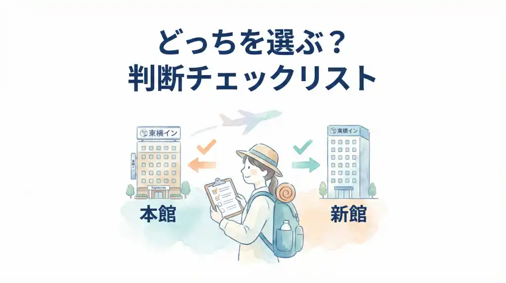チェックリストを持った旅行者が東横イン成田空港の本館と新館を比較検討しているイラスト。どちらを選ぶべきか判断を促す水彩画風デザイン