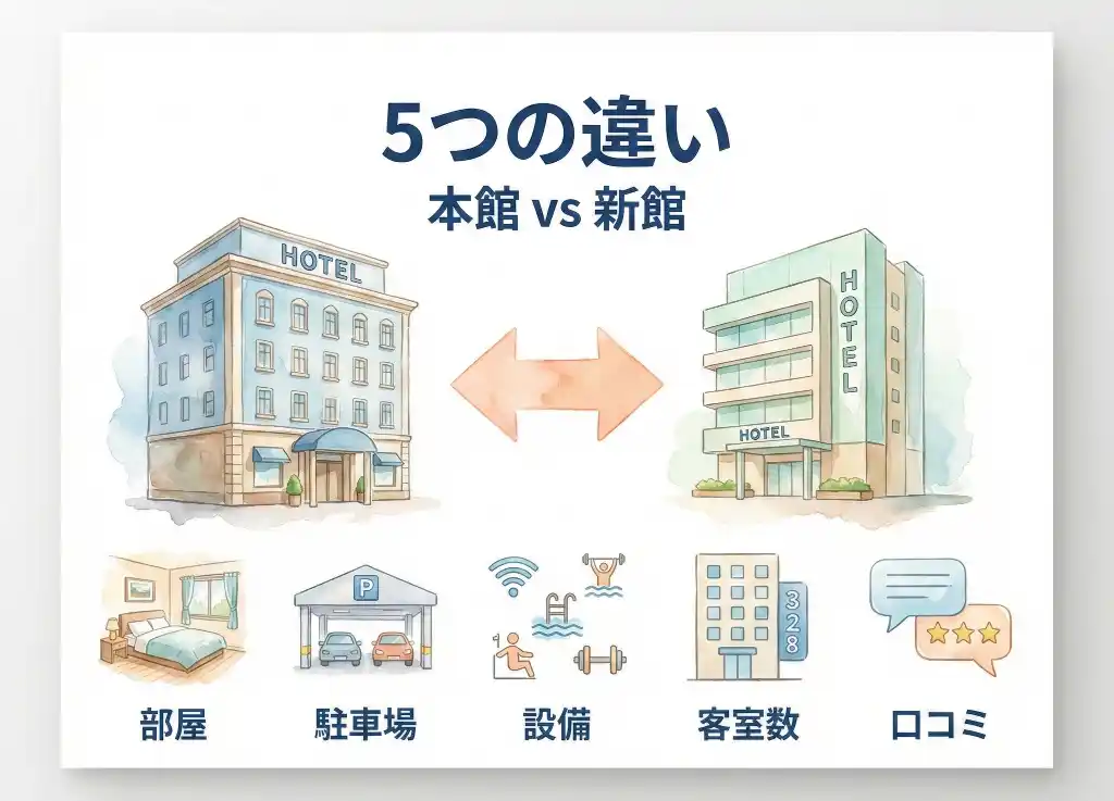 東横イン成田空港の本館と新館を左右に配置し、部屋の広さ・駐車場・設備など5つの違いを矢印で示した水彩画風の比較イラスト