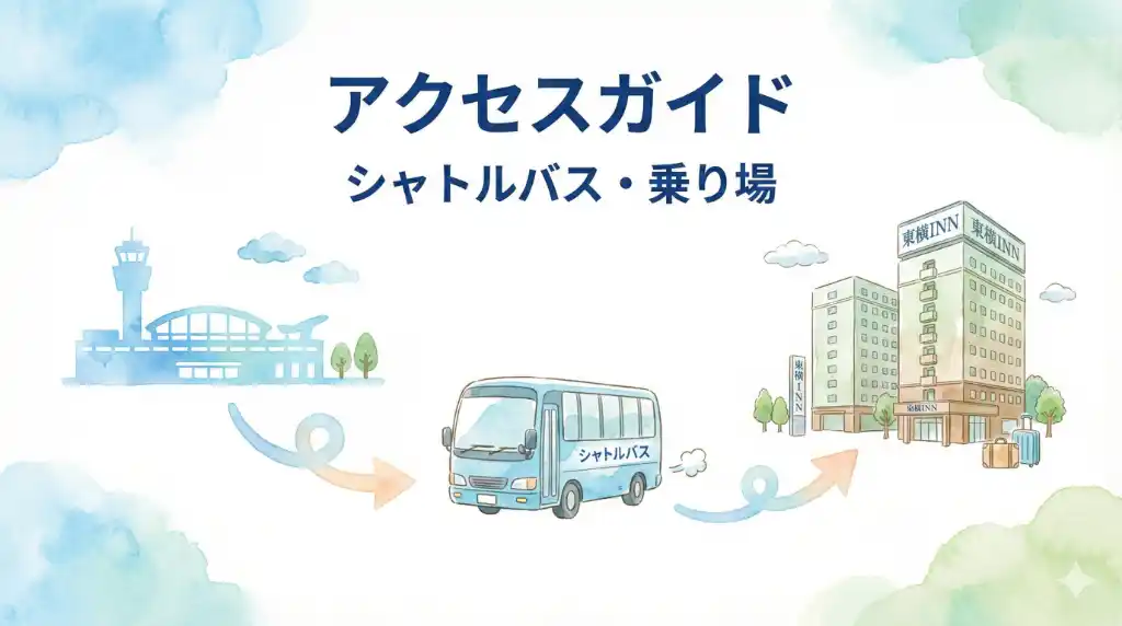 成田空港から東横イン成田空港へ向かうシャトルバスと、ターミナルからホテルまでの移動経路を示した水彩画風のアクセスガイドイラスト
