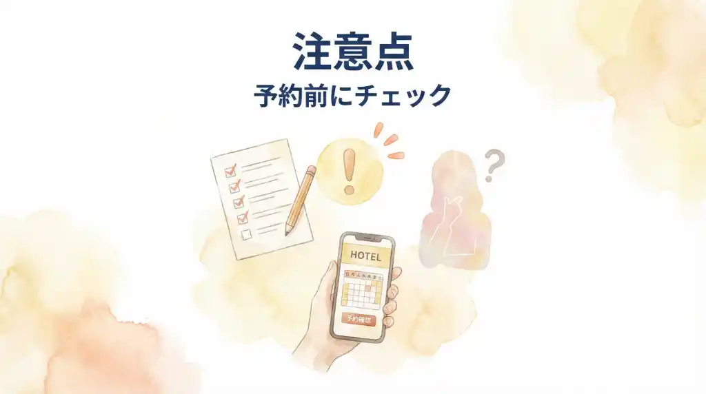 東横イン成田空港を予約する前にチェックすべき注意点を、チェックリストと注意マークで表現した水彩画風イラスト