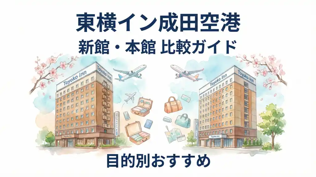 東横イン成田空港の本館と新館を水彩画風に描いた比較ガイドのサムネイル。パステルカラーの飛行機とスーツケースが旅の雰囲気を演出