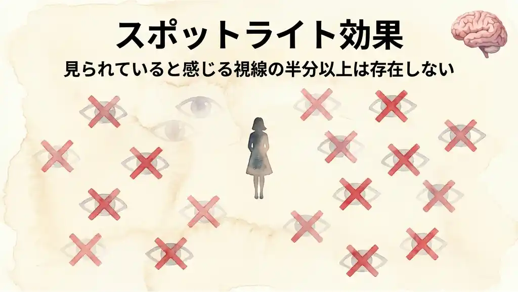 スポットライト効果を解説する心理学概念図。一人旅で食事中に感じる視線の半分以上は実際には存在しないことを、女性シルエットと×印付きの目のアイコンで視覚化