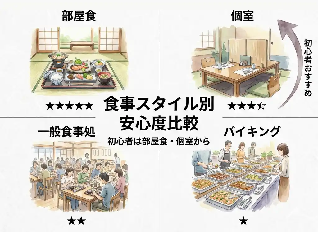 一人旅の食事スタイル別安心度比較図。部屋食（★5）、個室（★4）、一般食事処（★2）、バイキング（★1）の4パターンを水彩画風イラストで比較し、初心者おすすめを矢印で示す