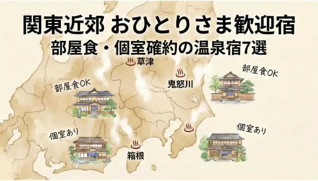 関東近郊の温泉地マップ風イラスト。鬼怒川、草津、箱根などの温泉マークと和風旅館を配置し、部屋食OK・個室ありのラベルを付けた水彩画風地図