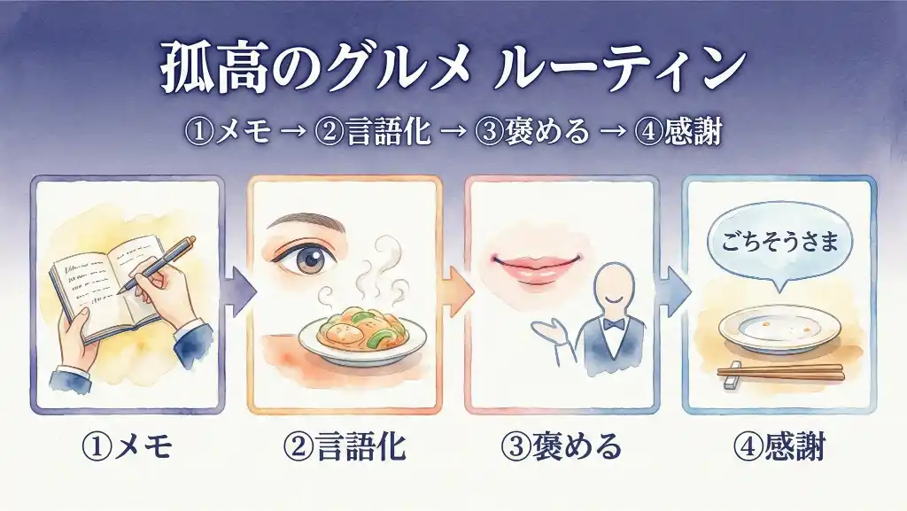 一人旅の食事を楽しむ「孤高のグルメ」4ステップルーティン図解。メモを取る、味を言語化する、店員を褒める、感謝を伝える流れを藍色基調の水彩画風で表現