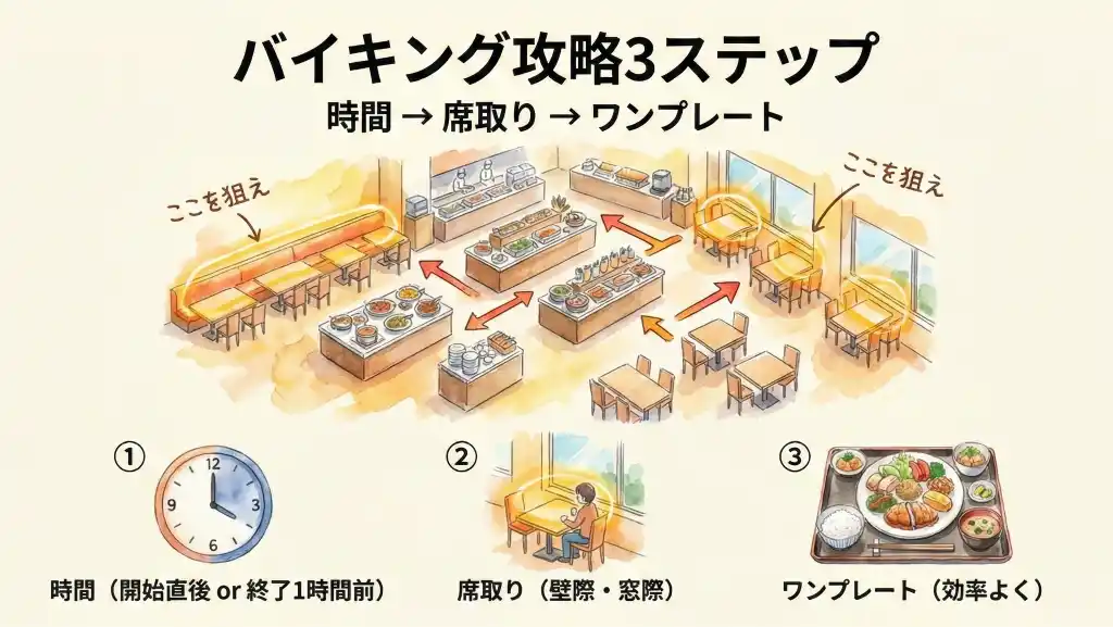 一人旅でバイキングを攻略する3ステップ図解。会場俯瞰図に壁際席のハイライト、料理台からの最短動線、ワンプレート術を水彩画風で描いた攻略マップ
