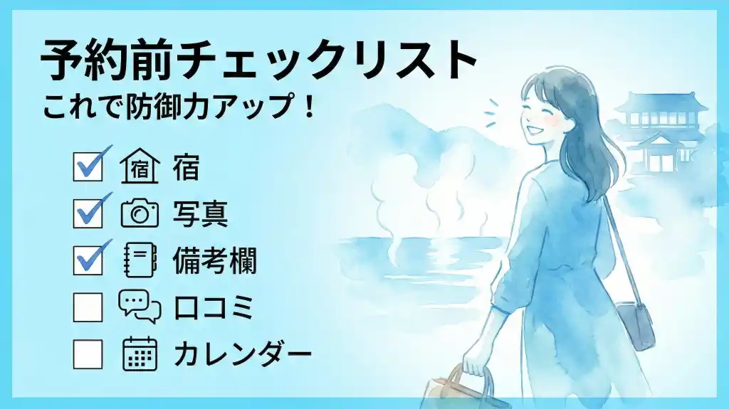 一人旅の食事予約前チェックリスト図解。5つのチェックボックスと宿・写真・備考欄・口コミ・カレンダーのアイコン、旅立ち準備完了の笑顔の女性を爽やかな水色基調で表現
