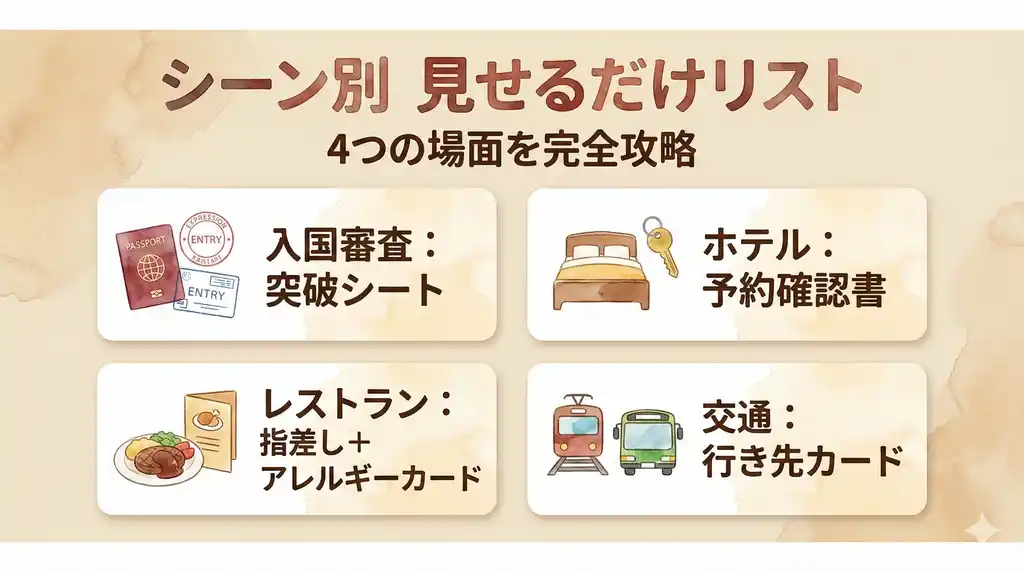 入国審査・ホテル・レストラン・交通の4シーンで「見せるだけ」で突破する方法を2x2グリッドで示す水彩画イラスト