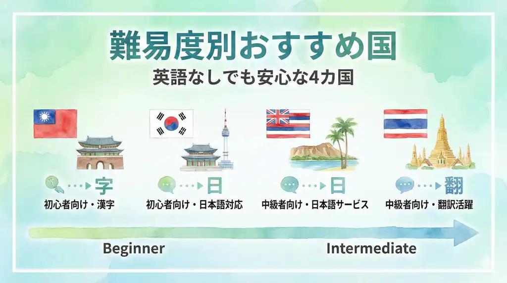 英語が話せない人向けの台湾・韓国・ハワイ・タイの難易度別おすすめ国チャート、各国のランドマークを水彩画タッチで表現