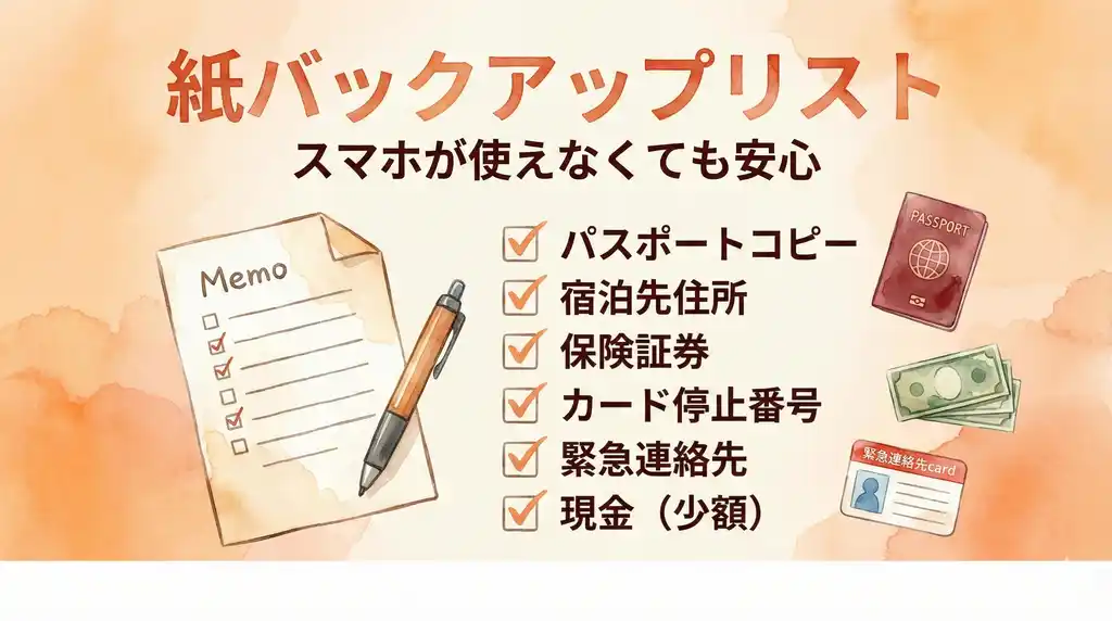 スマホが使えなくなった時のための紙バックアップリスト、パスポートコピー・緊急連絡先・現金を含むチェックリスト水彩画イラスト