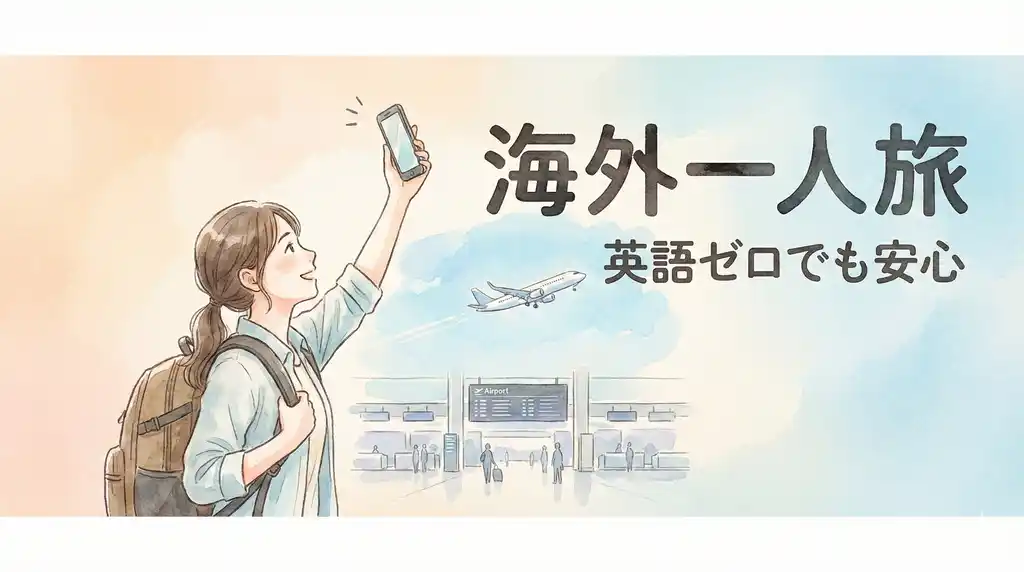 空港の出発ロビーでスマホを掲げて道を確認する一人旅の旅行者、パステルカラーの飛行機と希望に満ちた水彩画イラスト