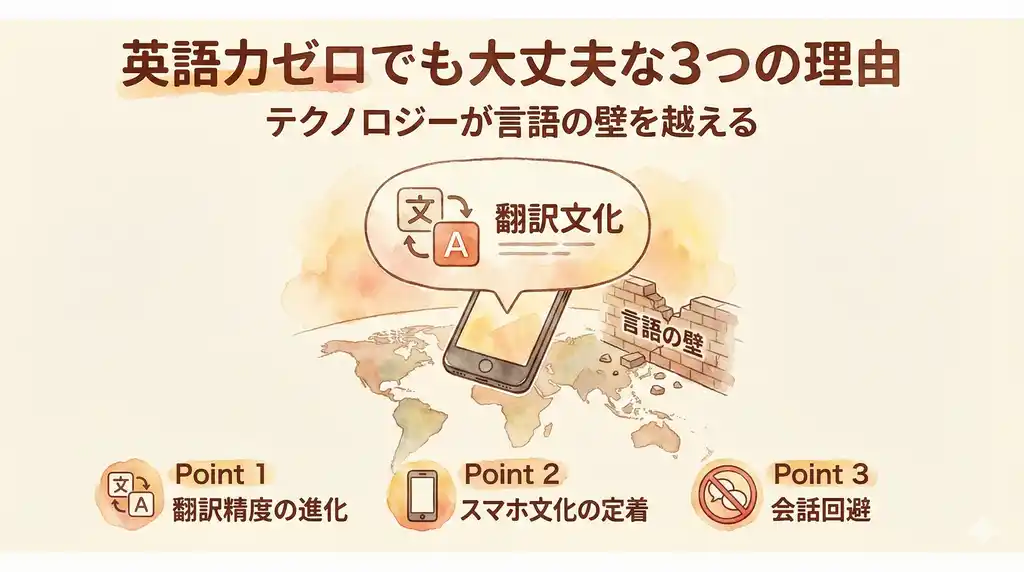 翻訳アプリの進化・スマホ文化の定着・会話回避の3つの理由を示すコンセプト図、スマホから翻訳結果が吹き出しで出ている水彩画イラスト