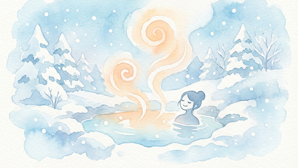 雪見温泉宿のイメージ図: 雪に囲まれた露天風呂と湯気