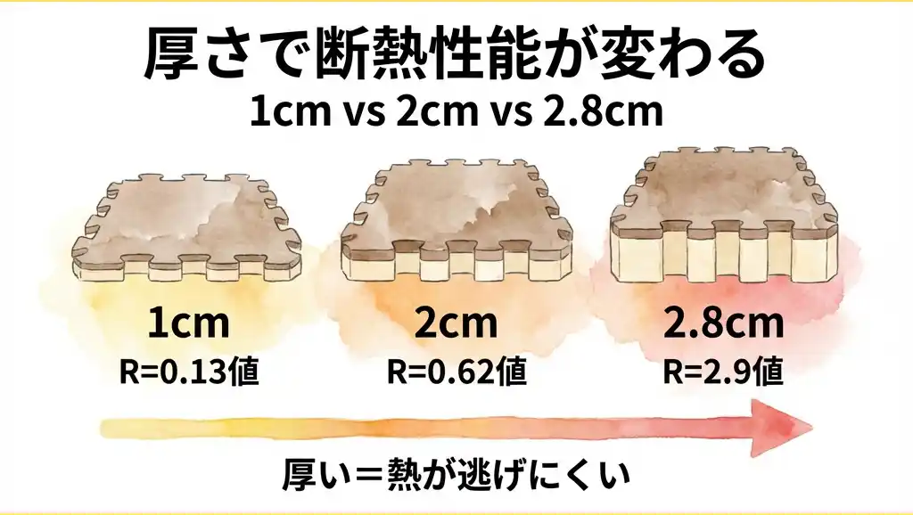 セクション3: 厚さで断熱性能が変わる - 1cm vs 2cm vs 2.8cm