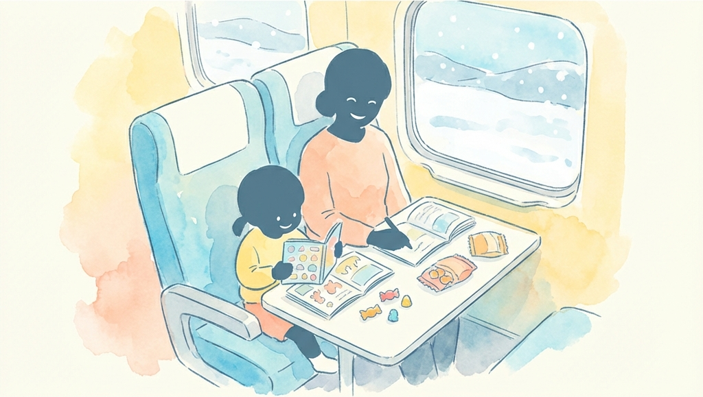 子連れ新幹線のイメージ図: 新幹線で楽しそうに過ごす親子