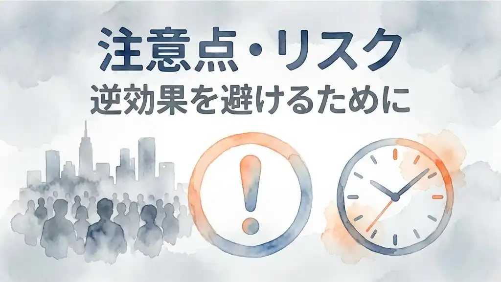 日帰り一人旅の逆効果を避けるための注意点を示すイメージ。混雑を避ける時間帯の意識を表す時計と、柔らかいタッチで描かれた注意マークのアイコン。