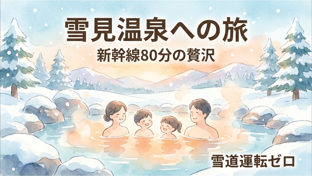 雪見温泉への旅のイメージ図: 水彩画風の雪景色の中の露天風呂と家族