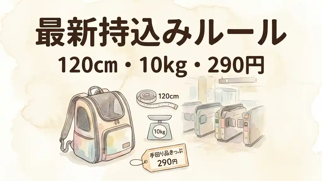 鉄道会社の手回り品ルール図解。リュック型キャリーと120cmメジャー、10kgの秤、290円の手回り品きっぷタグ、駅の改札の水彩画風イラスト。