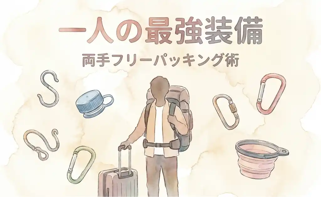 一人旅の最強パッキング術図解。背中のリュック型キャリーと左手のスーツケースを持ち、両手がフリーになっている人物のシルエット。S字フックや給水キャップなどの便利グッズも。