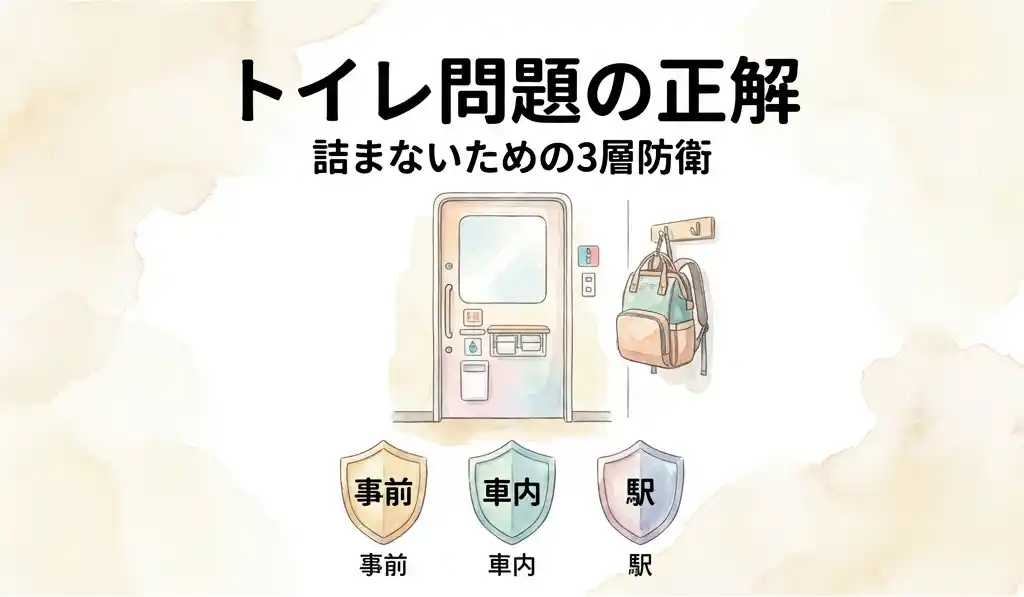 飼い主のトイレ問題対策図解。多機能トイレのドアと壁際のフックにかけられたリュック型キャリー。事前・車内・駅の3層防衛をイメージしたアイコン。