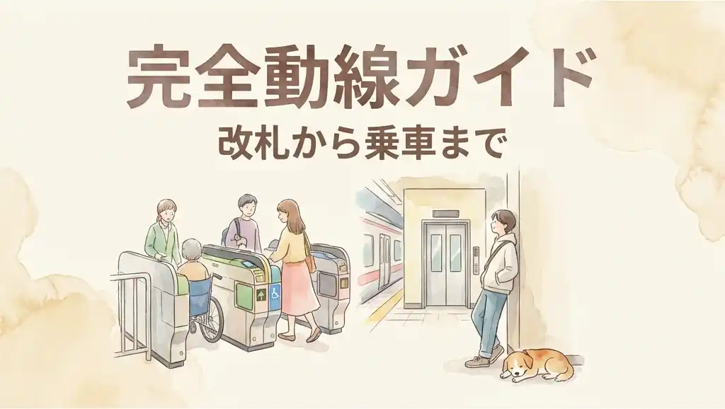 改札から乗車までの完全動線ガイド図解。幅広改札を通る様子と、ホームのエレベーター付近で壁を背にして待つ飼い主と足元の犬のイラスト。
