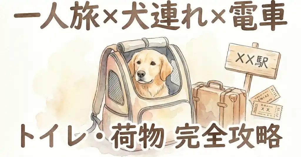 一人旅×犬連れ×電車旅の完全攻略ガイド。リュック型キャリーに入ったゴールデンレトリバーと、スーツケース、切符、駅の看板の水彩画風イラスト。車なしでも大丈夫、トイレや荷物の不安を解消します。
