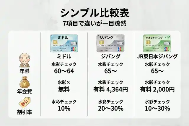 ミドル・ジパング・JR東日本ジパング3種類の会員カードを7項目で比較するシンプル比較表イラスト