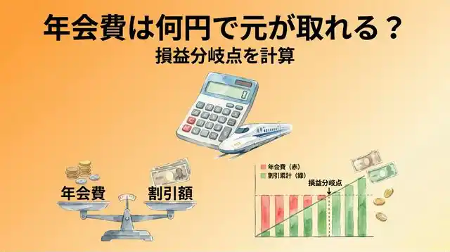 年会費と割引額の損益分岐点を計算する水彩画風イラスト、電卓・天秤・棒グラフで元を取る乗車金額を視覚化