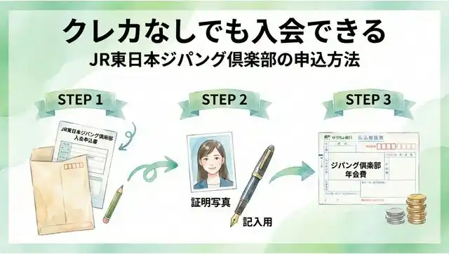 JR東日本ジパング倶楽部のクレカなし郵送申込3ステップ図解、申込書・証明写真・払込取扱票のイラスト