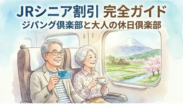 JRシニア割引完全ガイドの水彩画風サムネイル、新幹線座席でくつろぐシニア夫婦と富士山の車窓風景